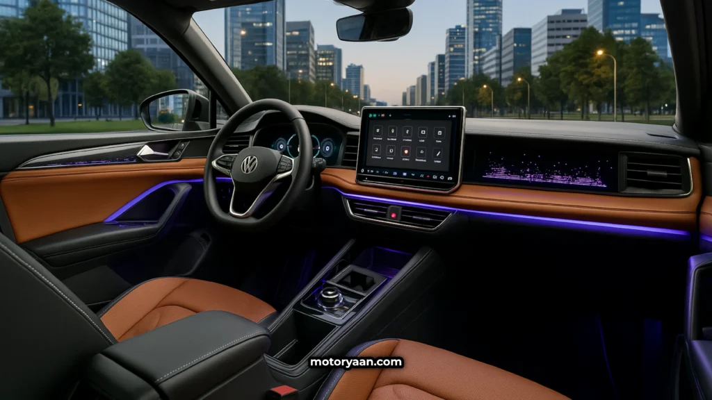 vw tiguan 2025 interior view with digital cockpit ambient lighting and premium leather upholstery