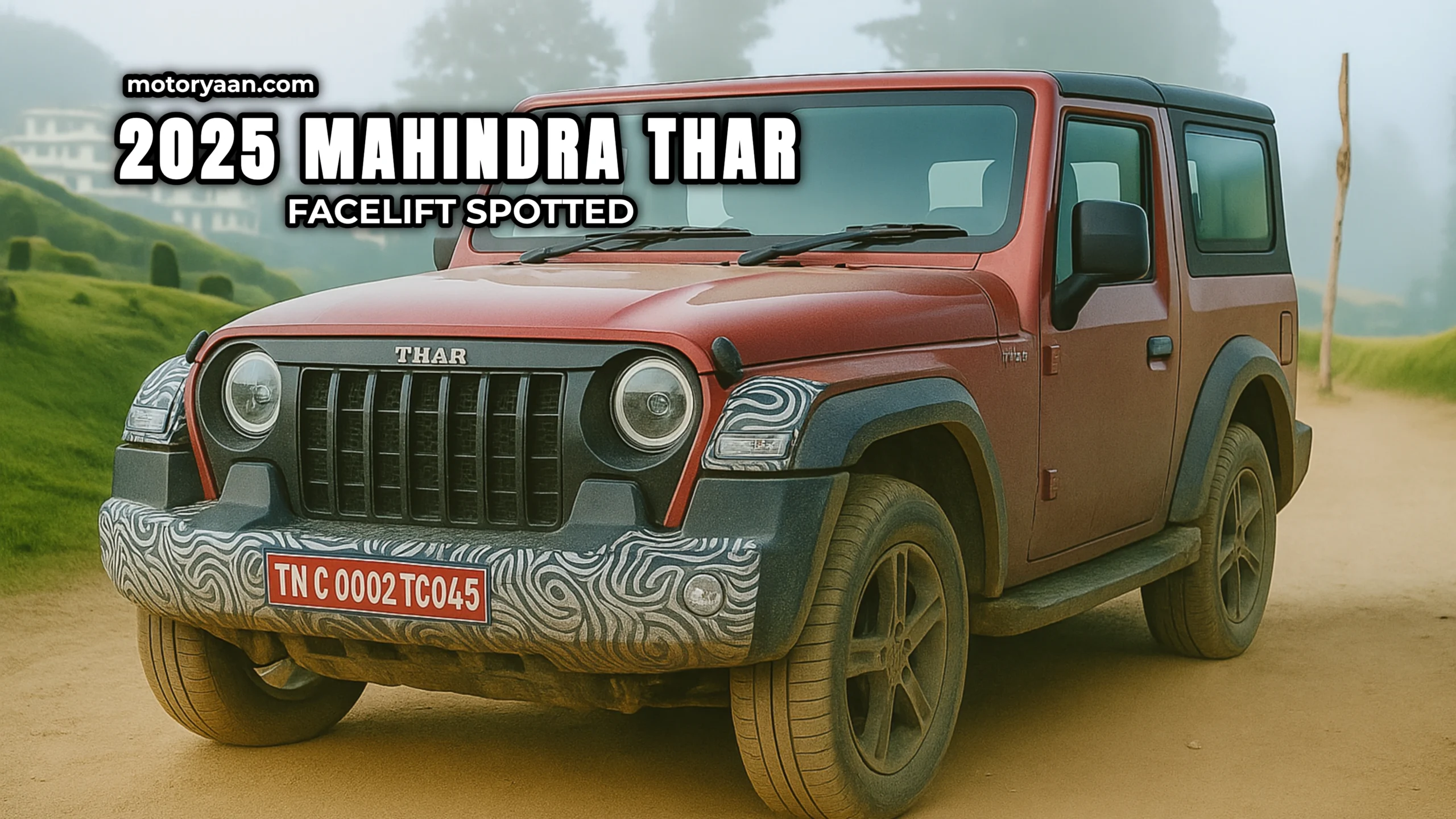 Front view of the camouflaged 2025 Mahindra Thar 3-Door Facelift during road testing in India with updated bumper, LED DRLs, and alloy wheels