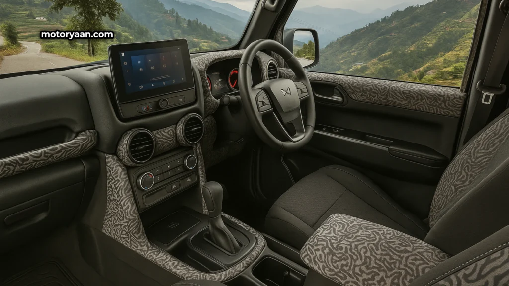 2025 Mahindra Thar 3-Door Facelift interior spotted testing with updated centre console, A-pillar grab handles, and relocated power window switches