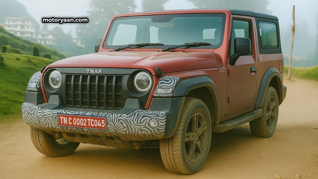 Camouflaged 2025 Mahindra Thar 3-Door Facelift prototype spotted testing on Indian roads with updated front design and alloy wheels