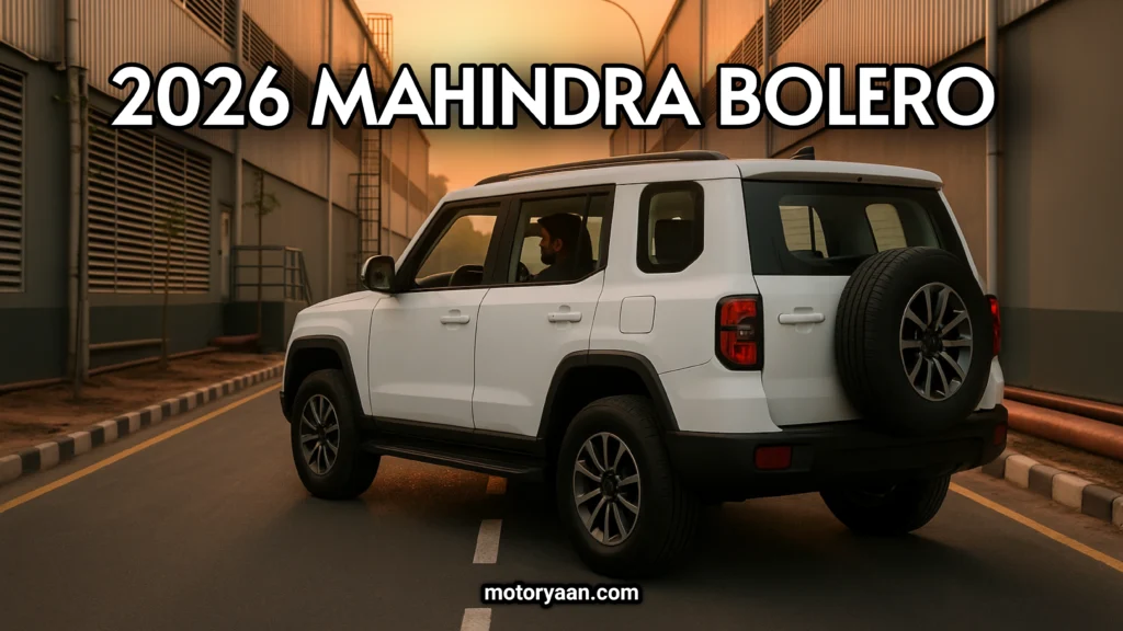 2026 Mahindra Bolero Rear and Side Profile Render – AI Image with Tailgate Spare Wheel and Rugged SUV Design