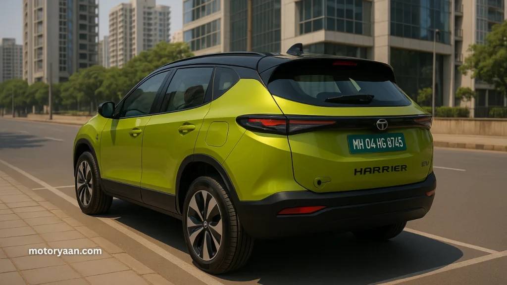Tata Harrier EV rear and side profile with EV badging, connected LED tail lamps, and sleek alloy wheels