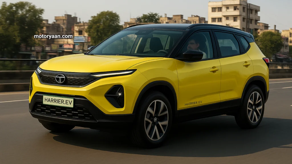 Tata Harrier EV front three-quarter view on Indian expressway
