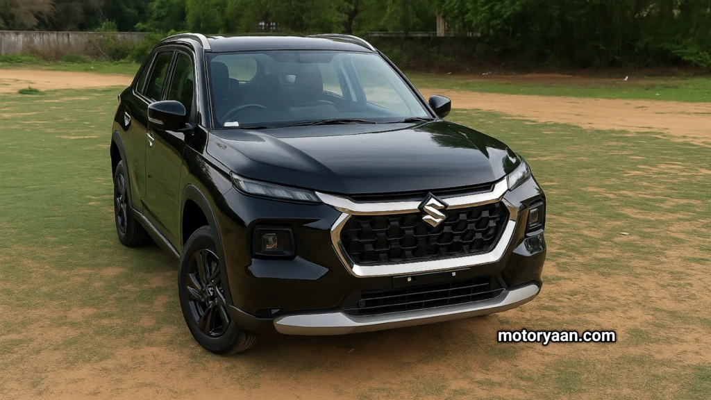 Front and side view of Maruti Suzuki Grand Vitara Zeta Optional with bold grille, LED DRLs, and 17-inch black alloy wheels
