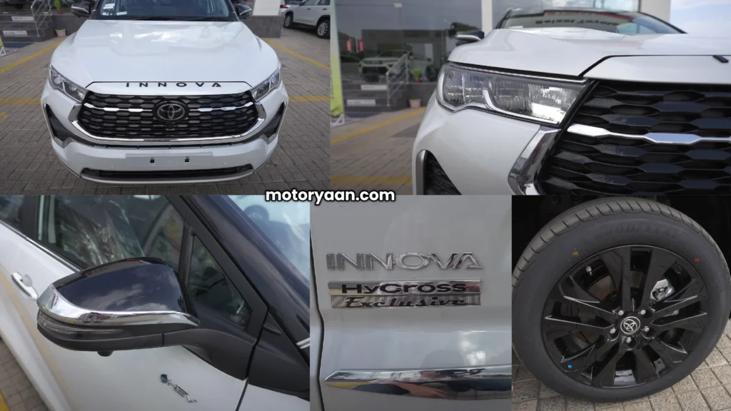 Collage showing exterior features of the 2025 Toyota Innova Hycross Exclusive Edition including blacked-out grille, LED headlamps, alloy wheels, and panoramic sunroof