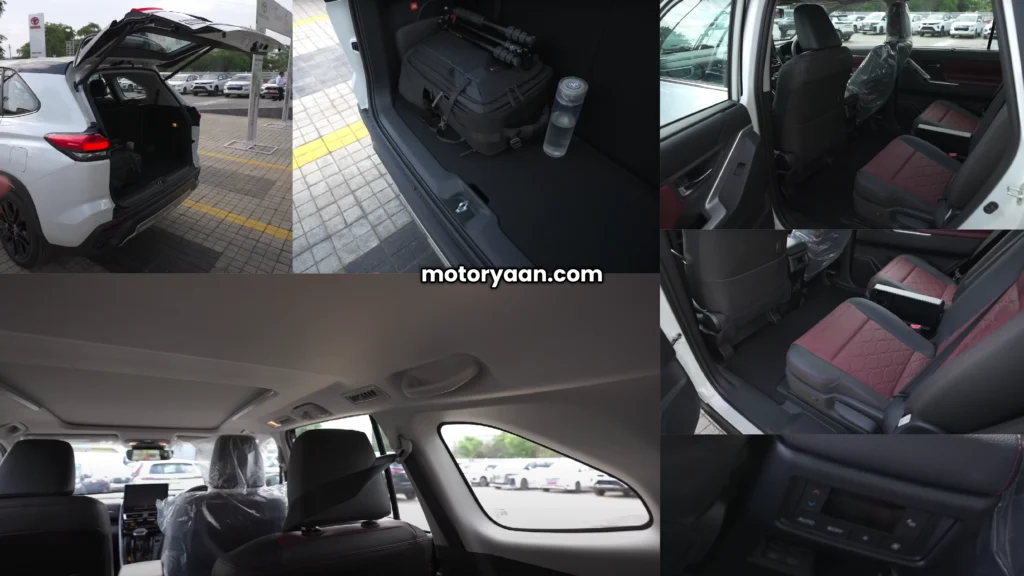 Collage of 2025 Toyota Innova Hycross Exclusive Edition interior and dashboard with black-red theme, ventilated seats, and panoramic sunroof