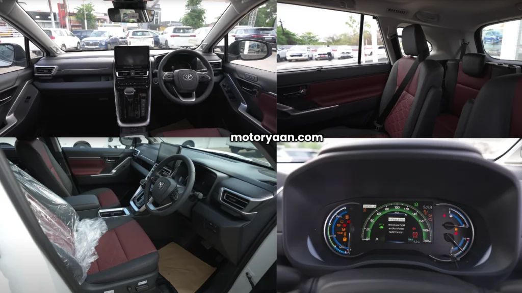 Collage of 2025 Toyota Innova Hycross Exclusive Edition infotainment system and fully digital instrument cluster with EV and ADAS displays