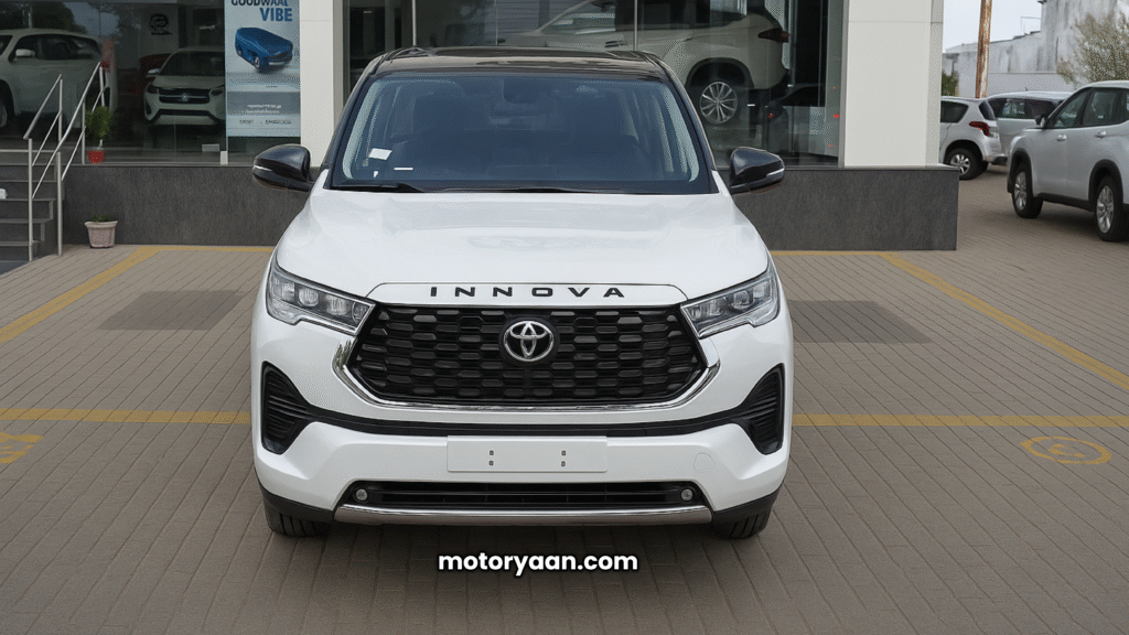 2025 Toyota Innova Hycross Exclusive Edition front profile with black roof, chrome-accented grille, and full LED headlamps