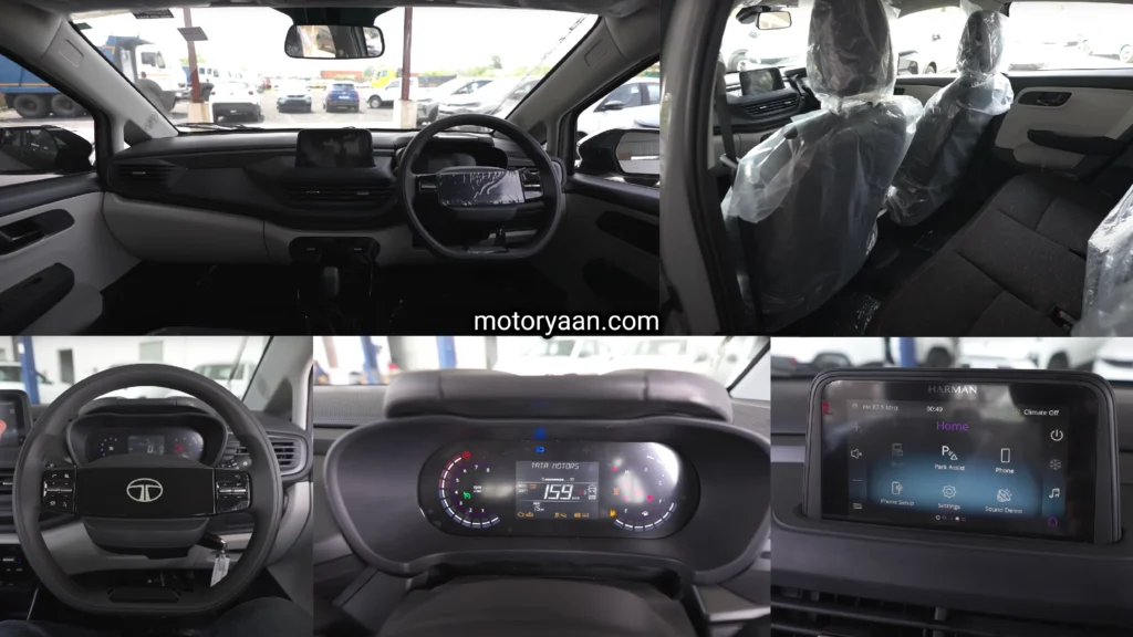 Collage of interior features in Tata Altroz Diesel Pure variant including dashboard, steering, infotainment, and rear seat comfort