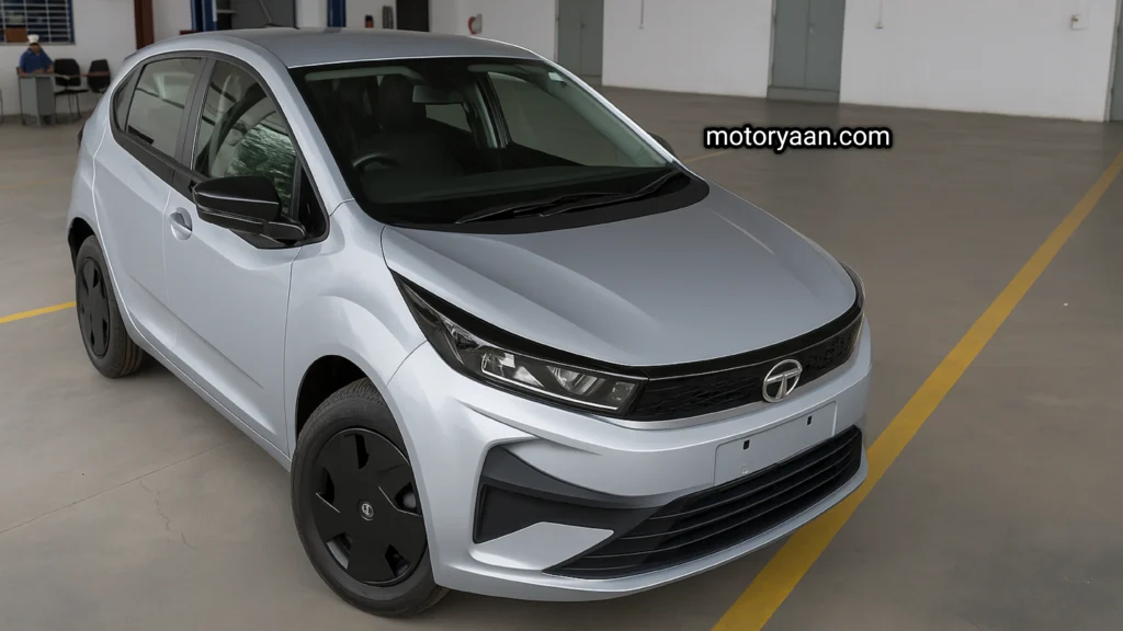 Front and side profile of Tata Altroz Diesel Pure variant in Nardo Grey showing LED headlamps, sleek body lines, and stylish wheel covers