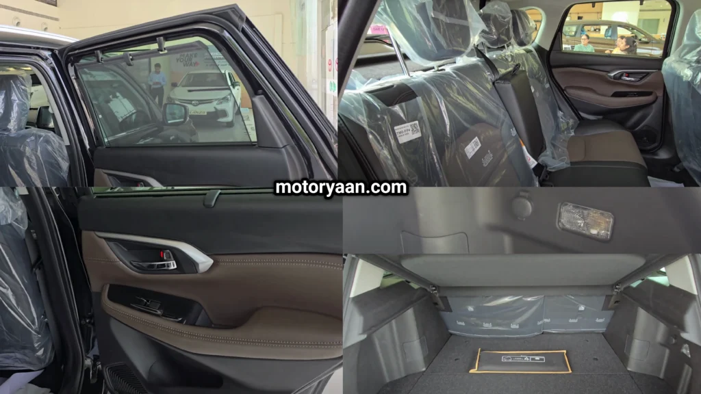 2025 Toyota Hyryder V Hybrid rear seat features and boot space – sunshades, reclinable seats, USB-C ports, powered tailgate, and 60:40 split