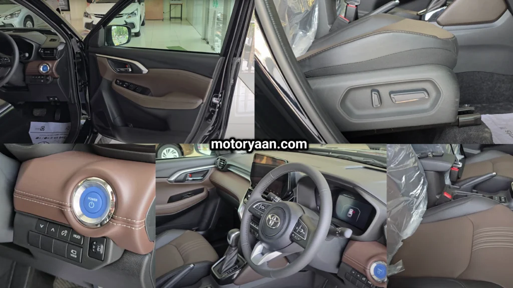2025 Toyota Hyryder V Hybrid front seats collage with ventilated leather upholstery, power driver seat, wireless charger, and EV mode controls