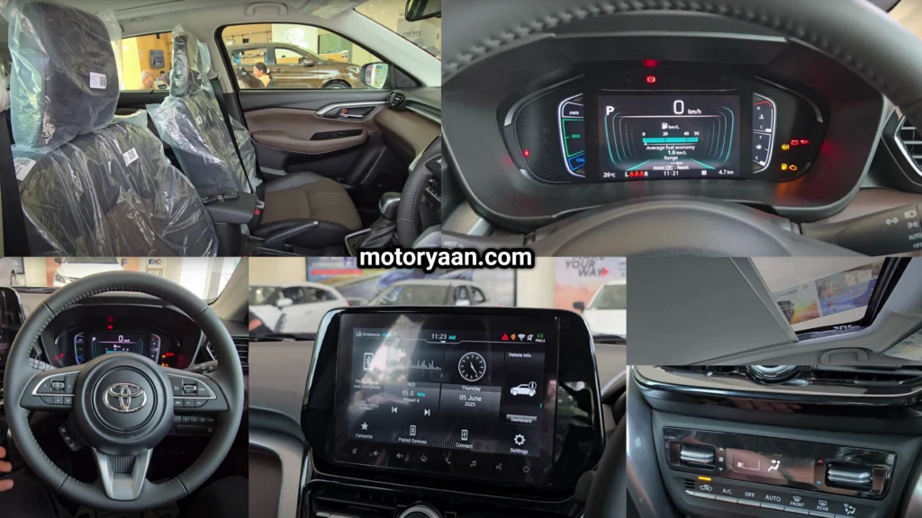 2025 Toyota Hyryder V Hybrid dashboard collage with 9-inch touchscreen, dual-tone soft-touch finish, digital MID, and HUD