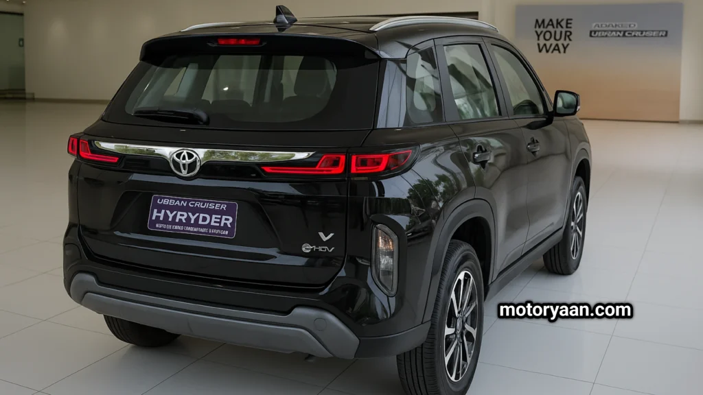 2025 Toyota Hyryder V Hybrid rear styling collage with LED taillamps, reverse camera, chrome garnish, and V HEV badge