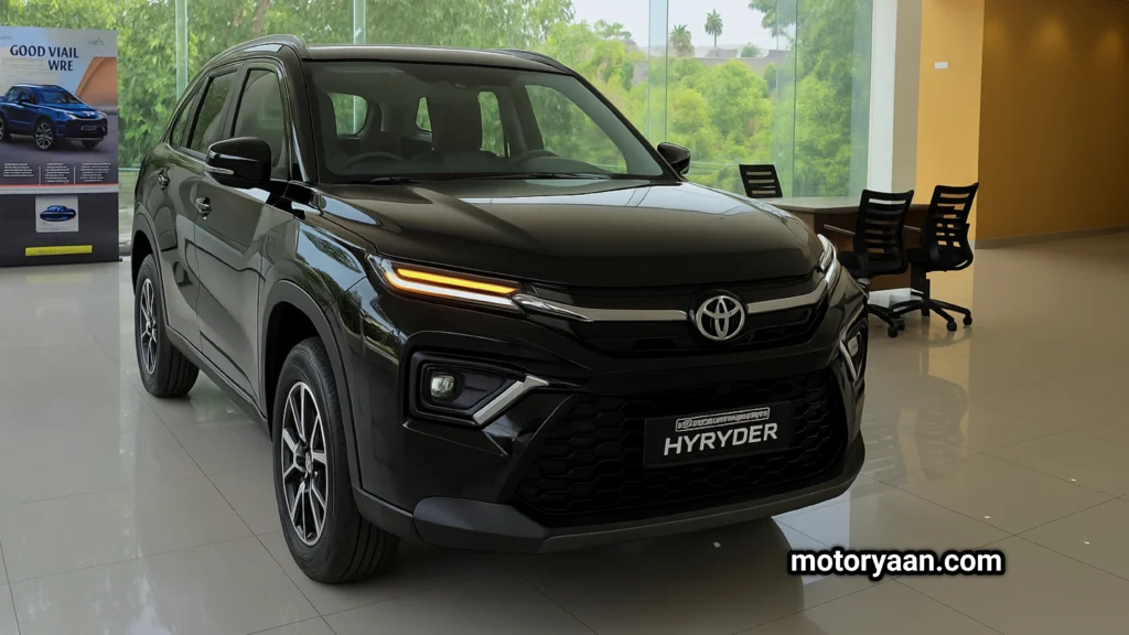 2025 Toyota Urban Cruiser Hyryder V Hybrid front and side view with LED headlamps and alloy wheels