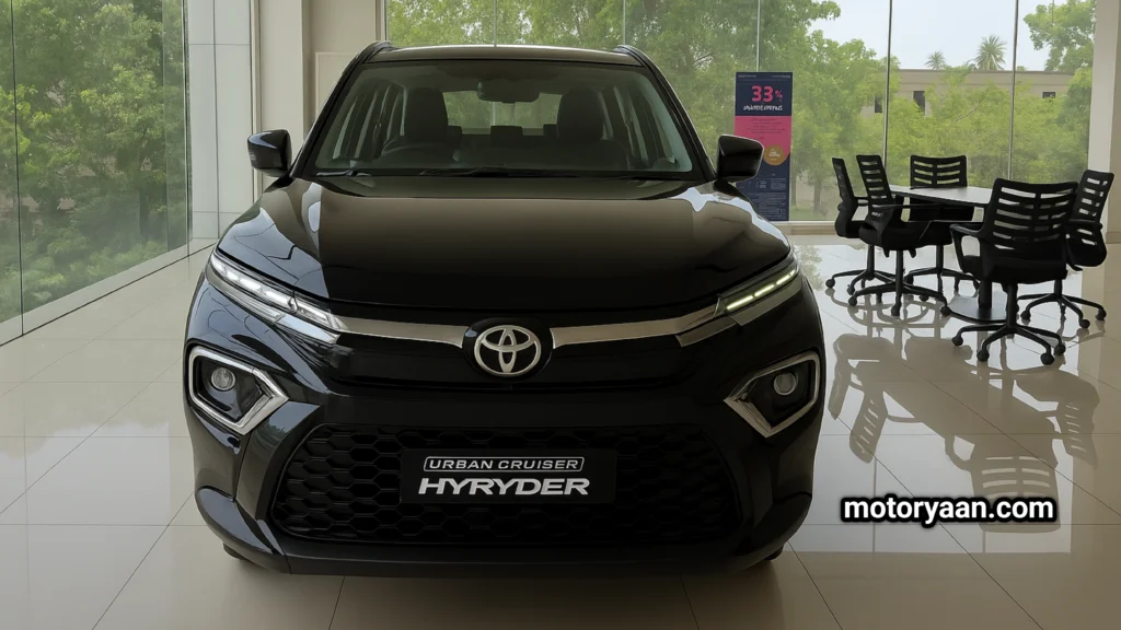 2025 Toyota Urban Cruiser Hyryder V Hybrid front view with LED projector headlamps, DRLs, and chrome accents