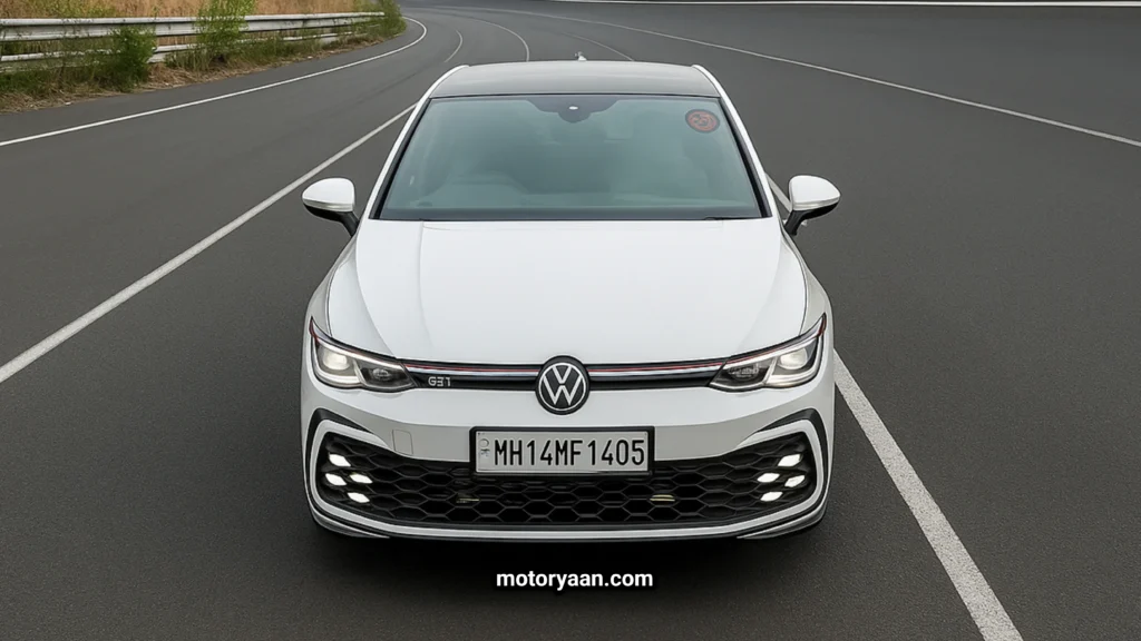 Front view of Volkswagen Golf GTI showcasing LED headlights and sporty honeycomb grille