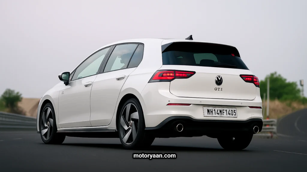 Rear view of Volkswagen Golf GTI with LED tail-lights and dual exhausts