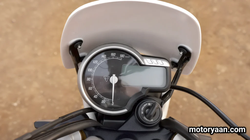 2025 Triumph Scrambler 400 XC fully digital instrument cluster with gear position, fuel efficiency, and ABS display