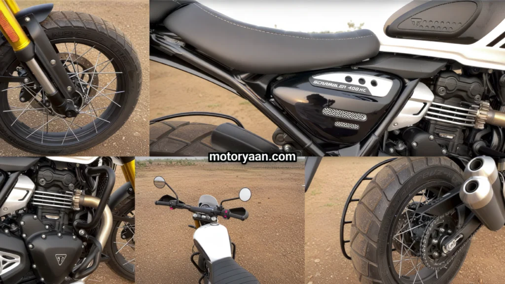 2025 Triumph Scrambler 400 XC showing front and rear wheels, split seat, upswept exhaust, and 398cc engine
