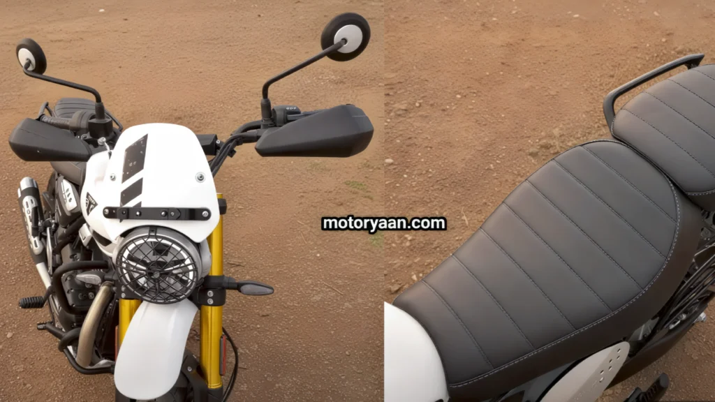 2025 Triumph Scrambler 400 XC front view with LED headlamp and premium split seat design