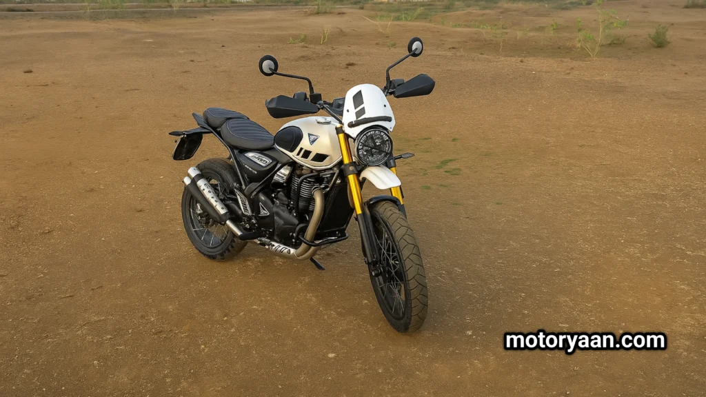 Front and side view of the 2025 Triumph Scrambler 400 XC showcasing its retro headlamp, tall windscreen, and spoke wheels