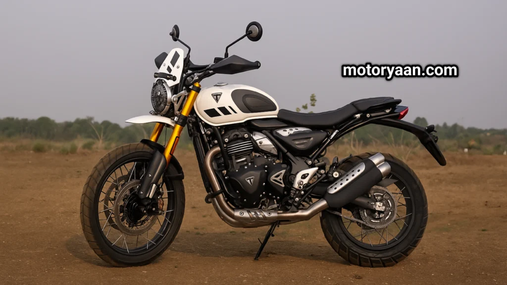 Front and side profile of the 2025 Triumph Scrambler 400 XC with gold USD forks, LED headlamp, and off-road design