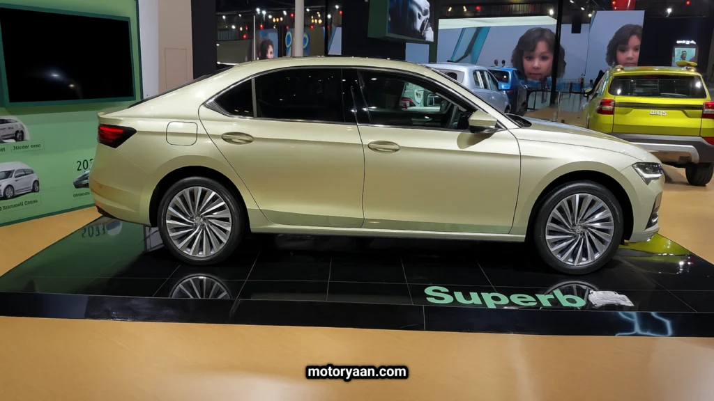 2025 Skoda Superb side profile showcasing sleek design and aerodynamic body lines