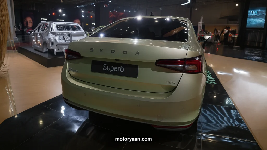 2025 Skoda Superb rear profile featuring sleek LED tail-lamps and bold Skoda branding