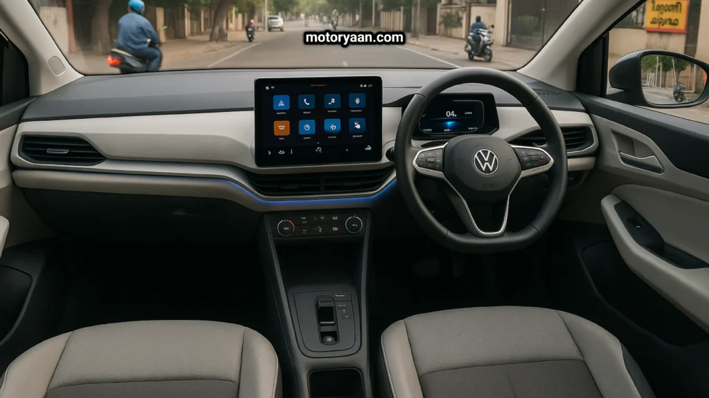 Volkswagen ID.2 electric car interior with digital dashboard, touchscreen infotainment, and modern cabin