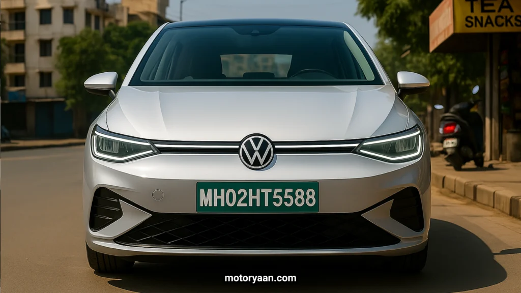 Volkswagen ID.2 electric hatchback front profile in bright daylight, parked in India