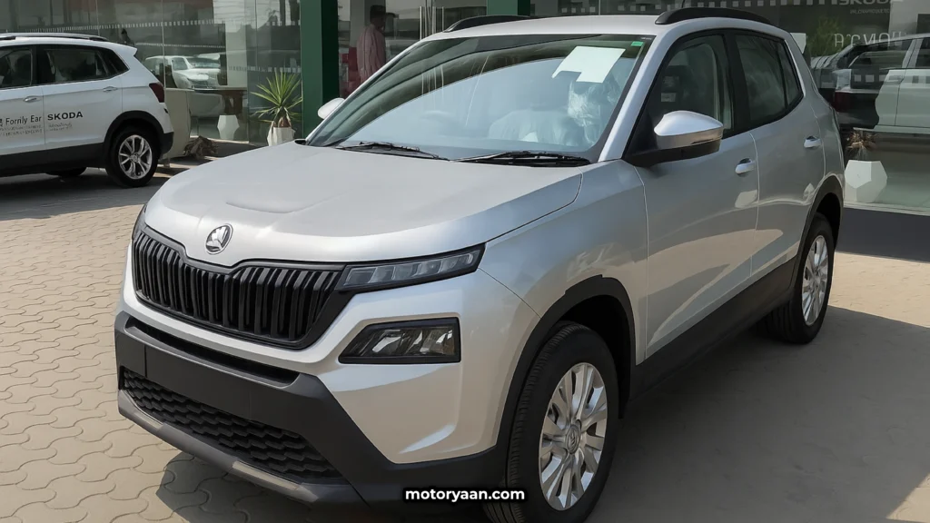 2025 Skoda Kylaq front and side profile with sleek headlamps and bold SUV stance