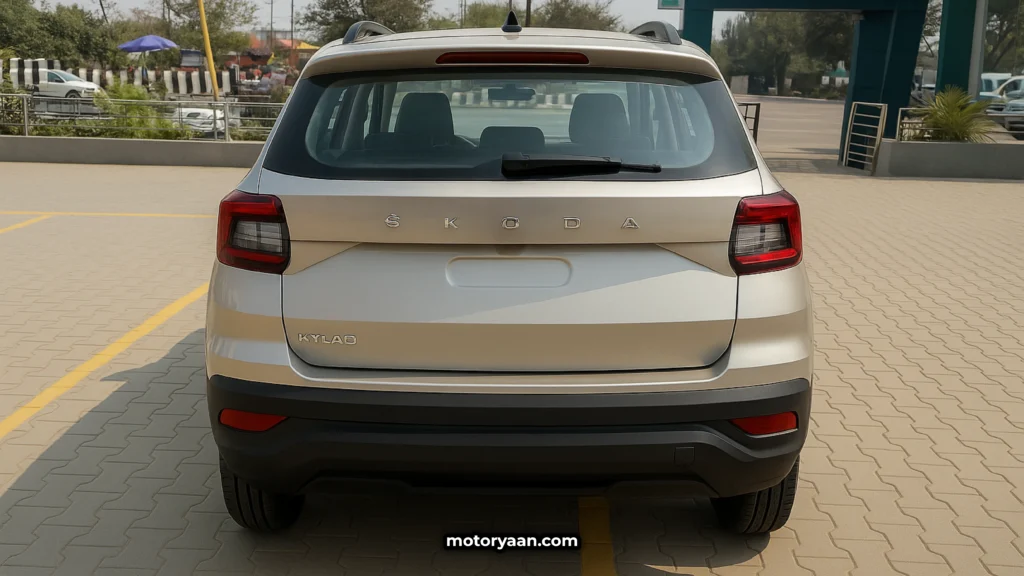 2025 Skoda Kylaq rear profile with LED tail-lamps and sculpted boot design
