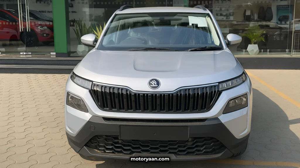 2025 Skoda Kylaq front profile with signature grille and LED headlamps