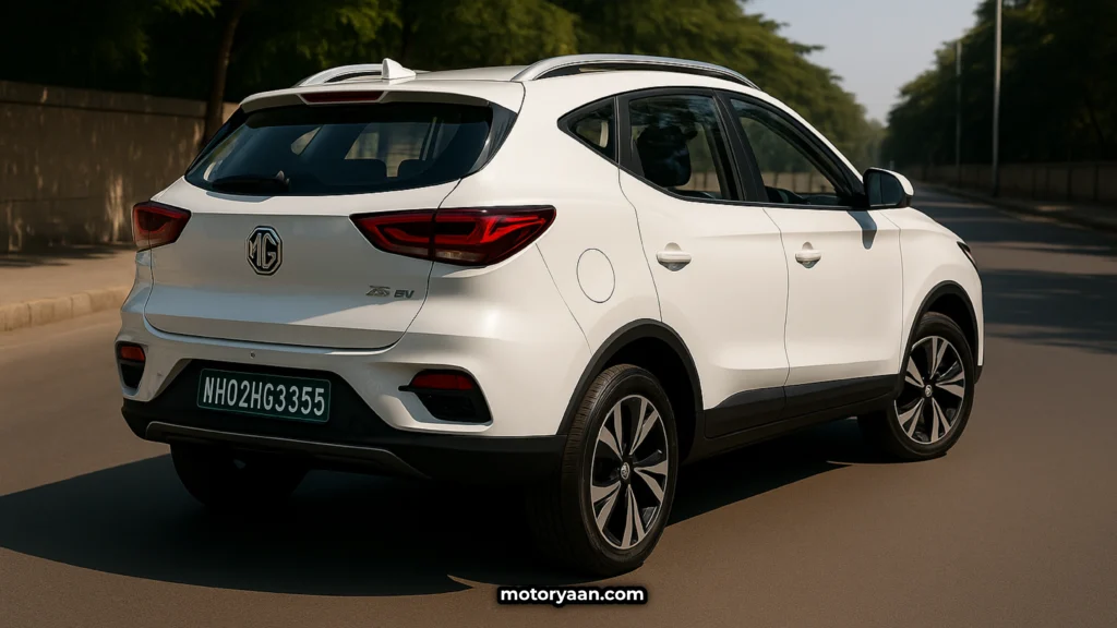 Rear and side profile of the 2025 MG ZS EV electric SUV with LED tail lamps and aerodynamic design