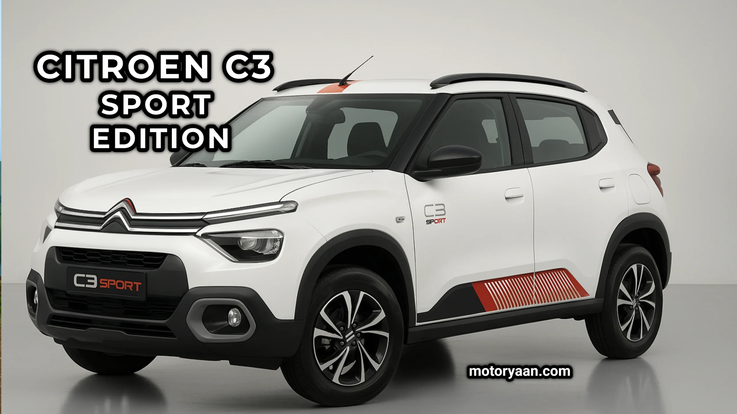 Front and side view of the 2025 Citroen C3 Sport Edition featuring sporty decals, LED DRLs, dual-tone roof, and Garnet Red paint