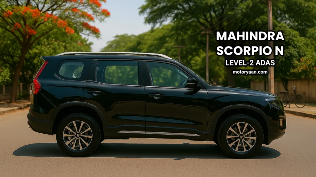 Side view of Mahindra Scorpio N 2025 showing high ground clearance and diamond-cut alloy wheels