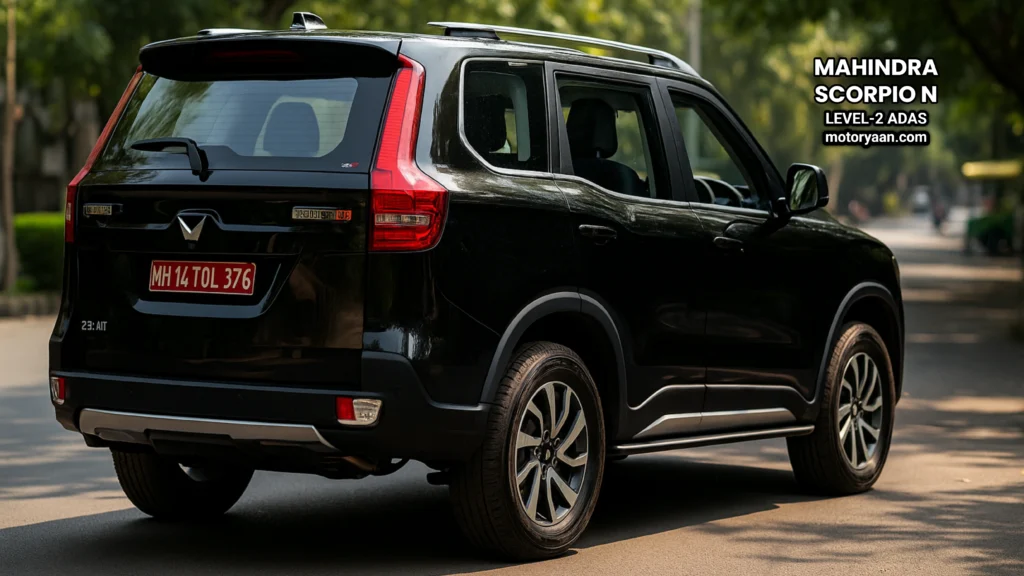Rear and side view of Mahindra Scorpio N 2025 with LED tail lights and bold bumper