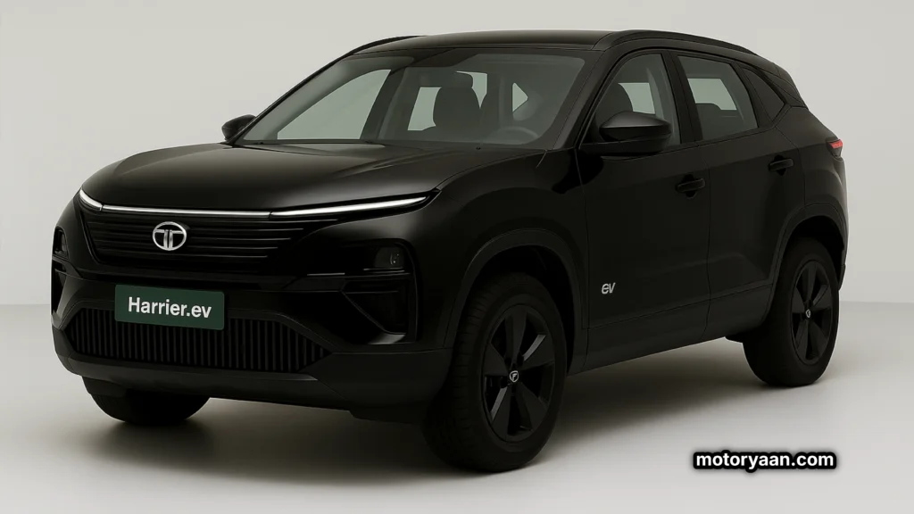 2025 Tata Harrier EV Dark Edition front three-quarter view in deep gloss-black with black alloy wheels and LED DRLs