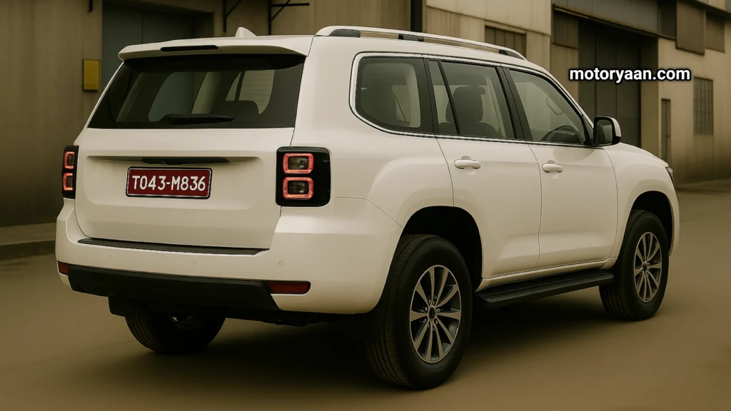 Rear and side profile of the 2026 Mahindra Bolero with boxy LED tail lamps, clean tailgate design, and roof rails