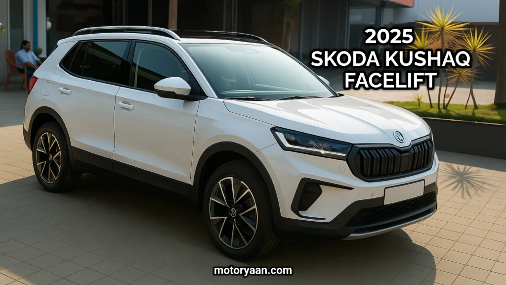 2025 Skoda Kushaq Facelift front and side profile with updated LED headlamps and bold SUV stance