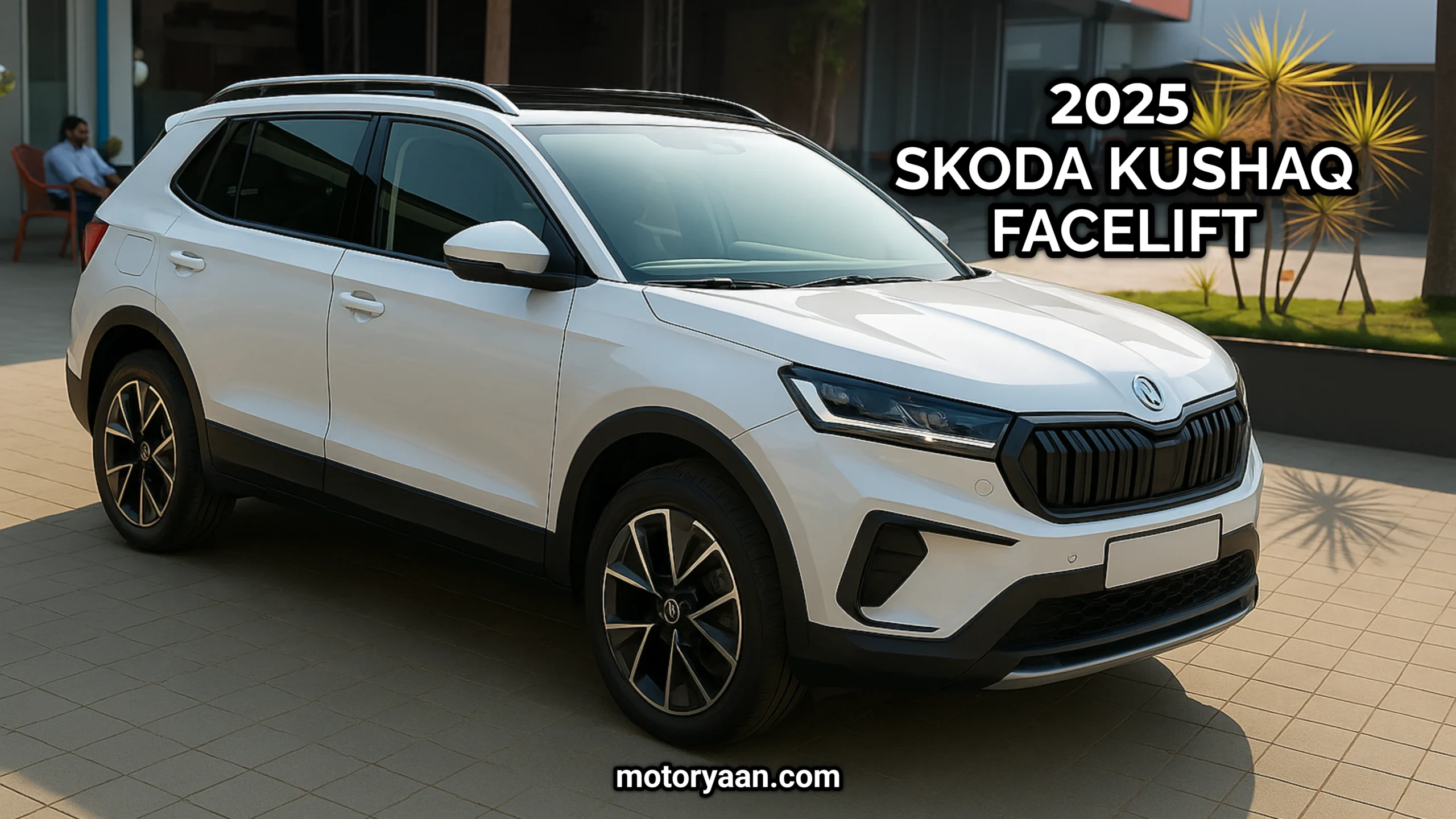 2025 Skoda Kushaq Facelift front and side profile with updated LED headlamps and bold SUV stance