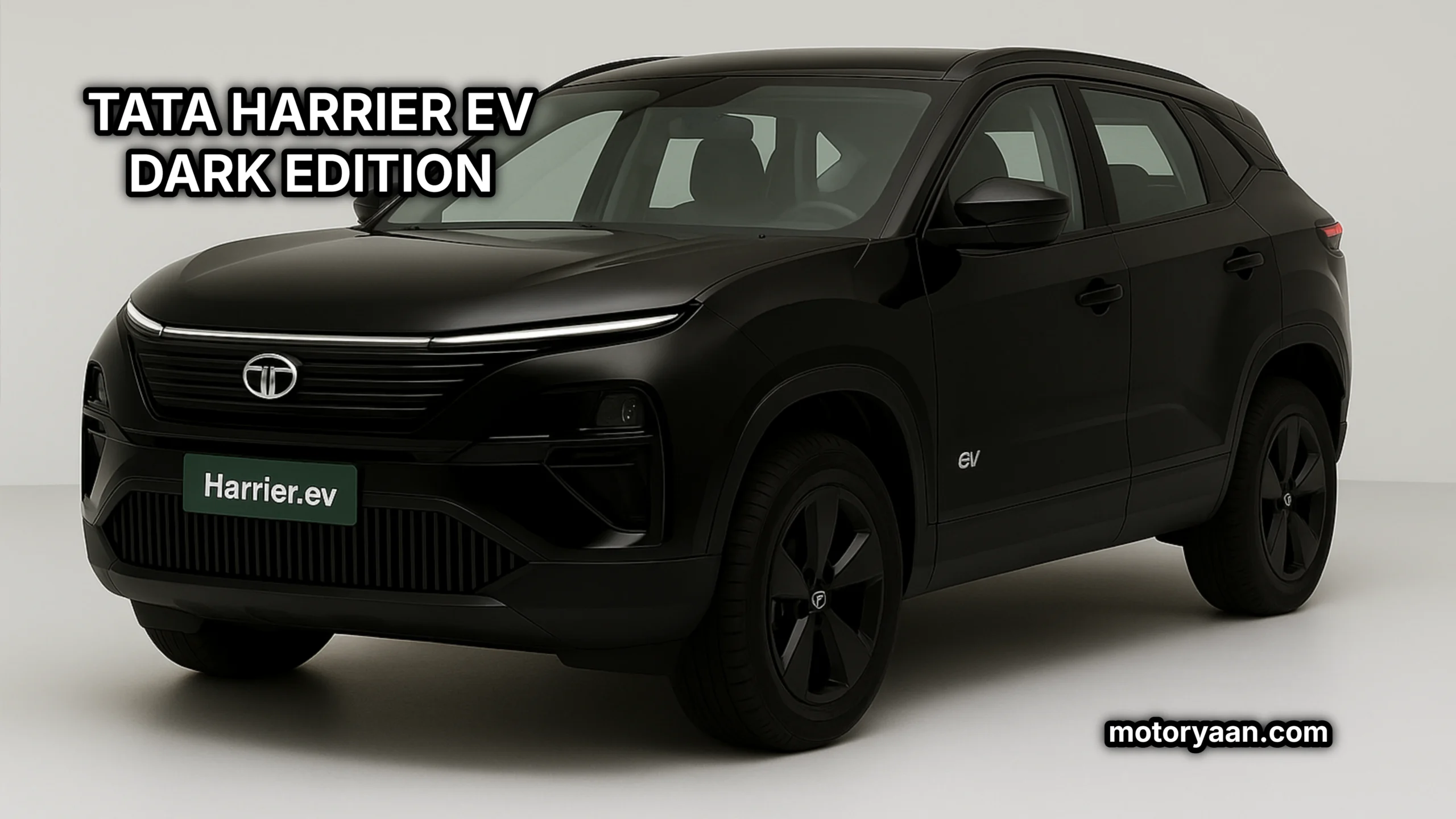 2025 Tata Harrier EV Dark Edition front three-quarter view in deep gloss-black with black alloy wheels and LED DRLs