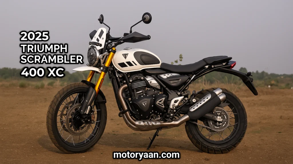 2025 Triumph Scrambler 400 XC front and side profile showcasing adventure styling