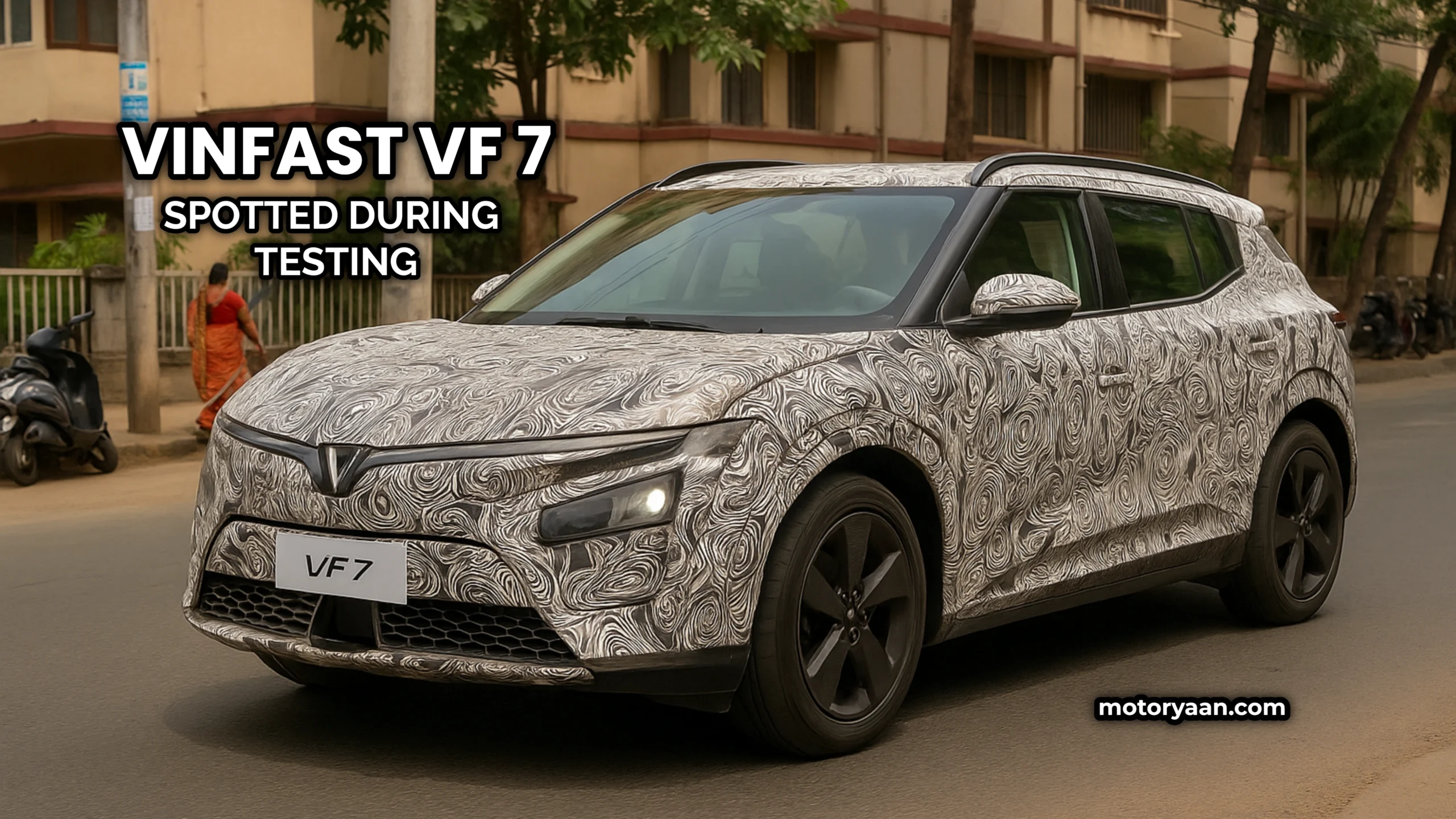 VinFast VF 7 front and side exterior profile with LED lights and sporty coupe silhouette