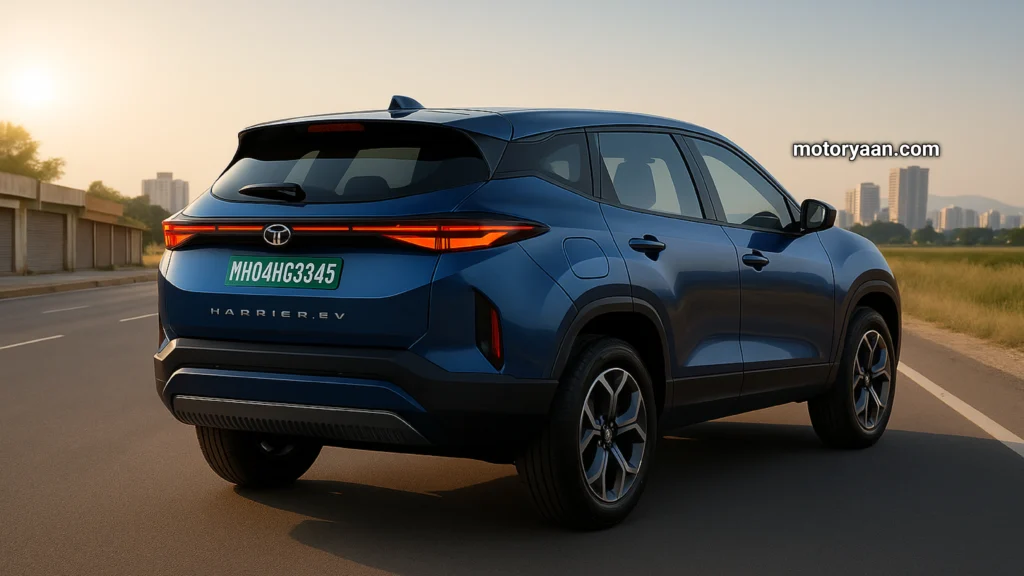 Rear and side view of the Tata Harrier EV with LED tail lamps