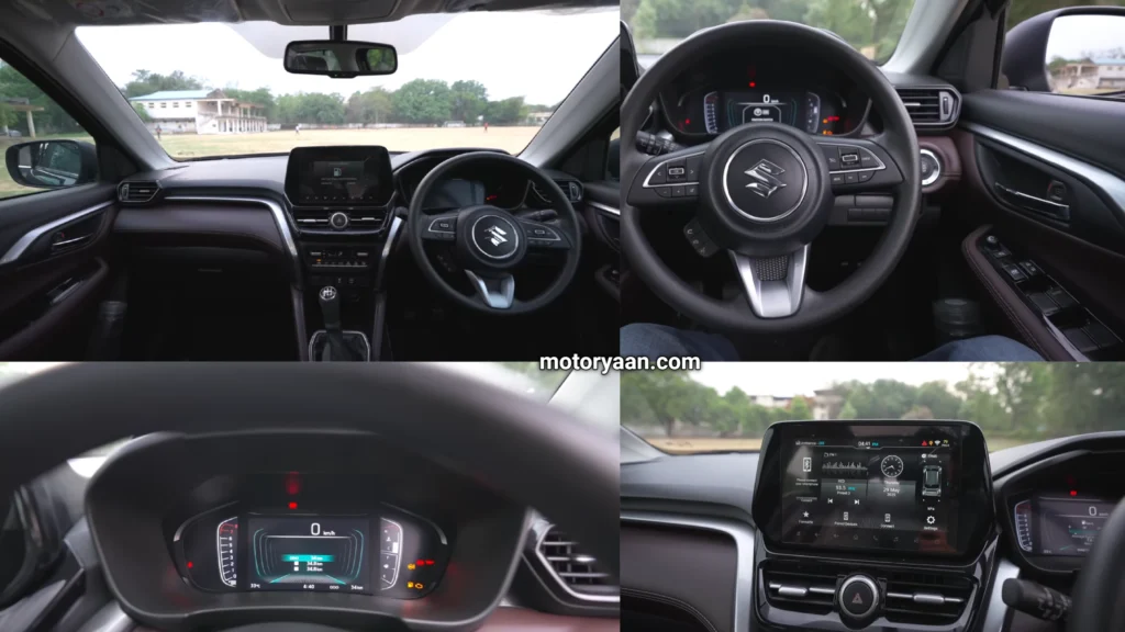 Interior features of Maruti Suzuki Grand Vitara Zeta Optional – 9-inch touchscreen infotainment system, wireless Android Auto and Apple CarPlay, digital instrument cluster