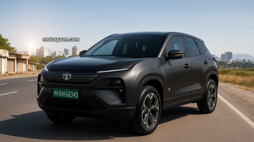 2025 Tata Harrier EV front view with connected LED DRLs and alloy wheels