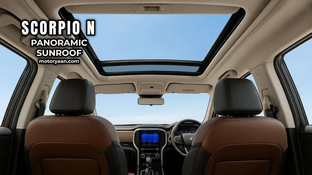 Interior view of Mahindra Scorpio N showing panoramic sunroof with bright daylight streaming in