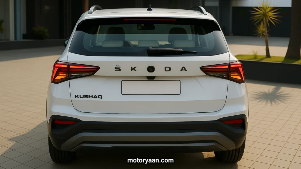 Rear view of 2025 Skoda Kushaq Facelift with updated LED tail-lamps and bold bumper design
